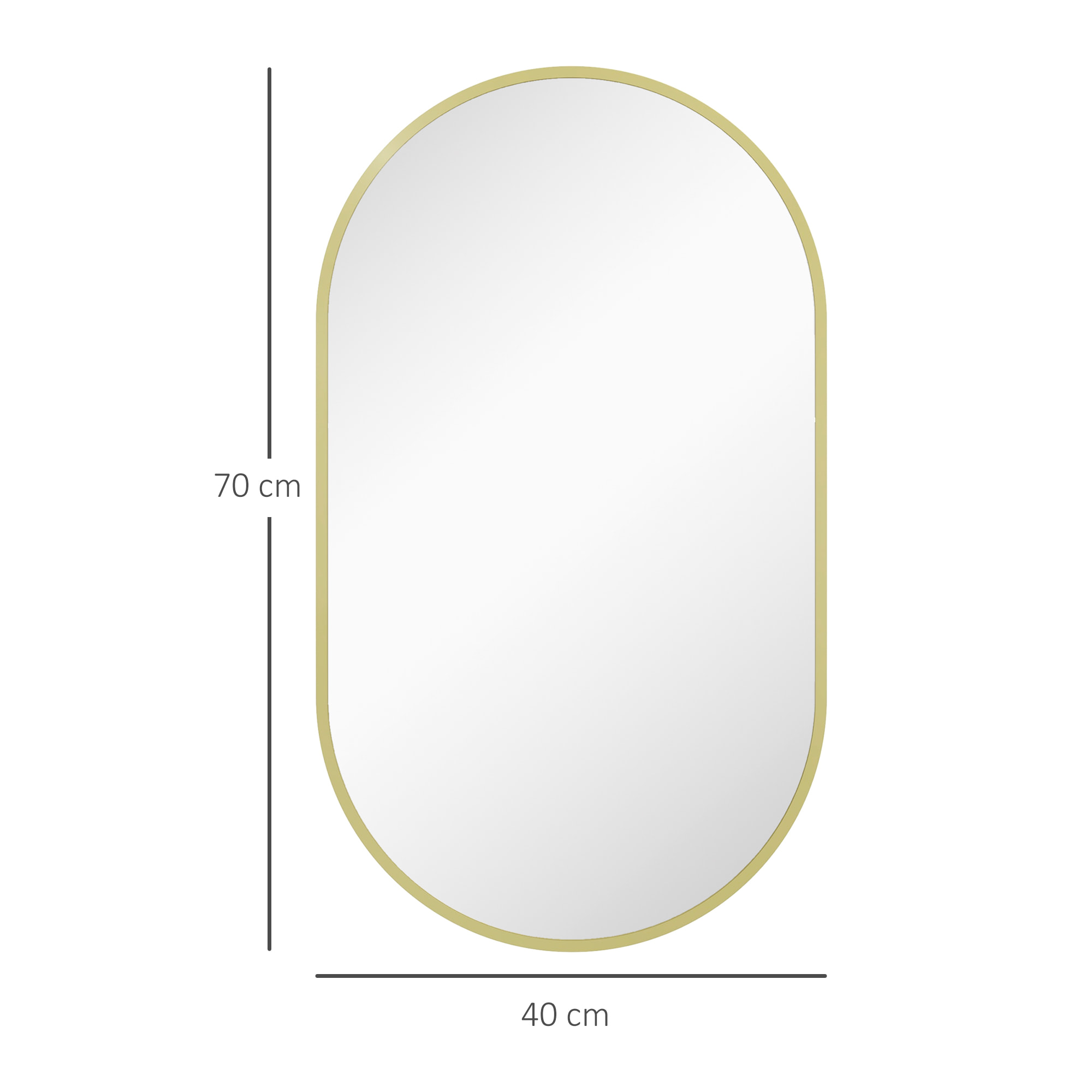 Miroir mural ovale dim. 40L x 70H cm cadre arrondi montage vertical/horizontal alu. doré