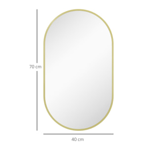 Miroir mural ovale dim. 40L x 70H cm cadre arrondi montage vertical/horizontal alu. doré