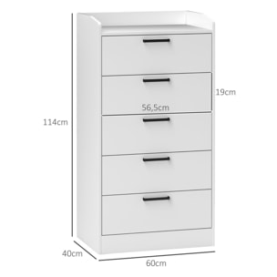 Commode 5 tiroirs et plateau - meuble de rangement bureau - poignées métal noir MDF blanc