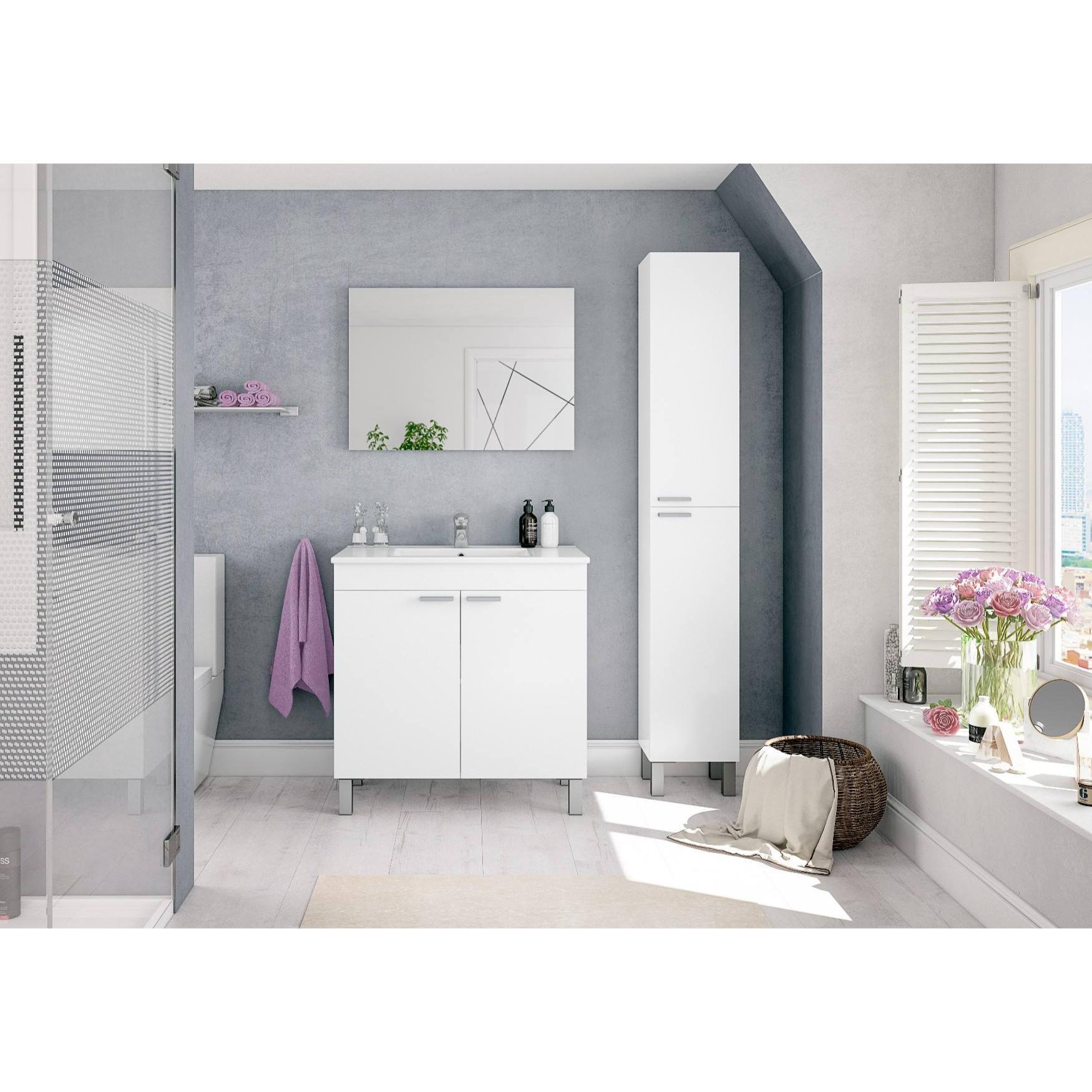 Colonna bagno Hollywood, Mobile a colonna per bagno a 2 ante, Armadio pensile sospeso con 2 ripiani, cm 30x25h182, Bianco lucido