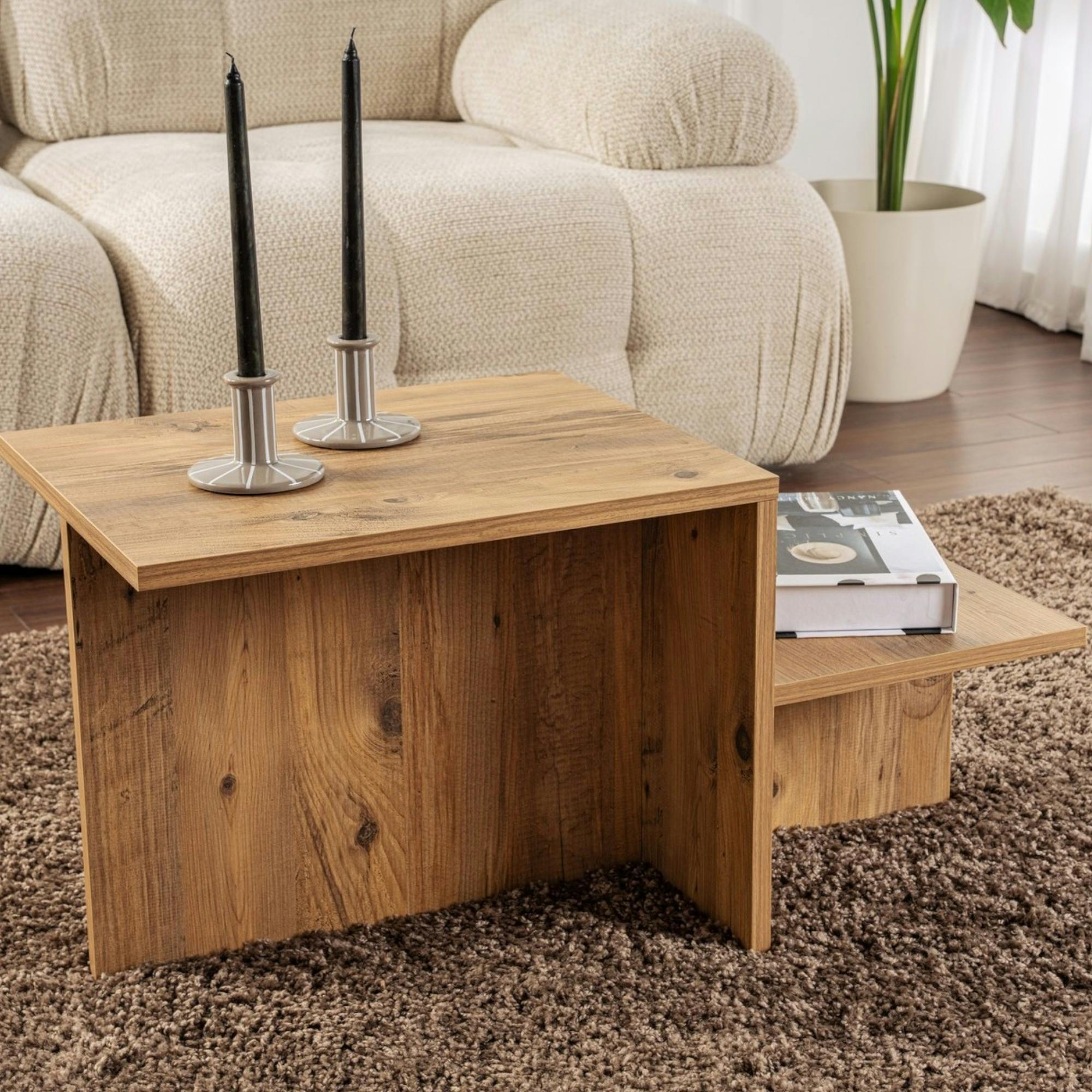 Table basse moderne effet bois naturel - 2 niveaux MARFA