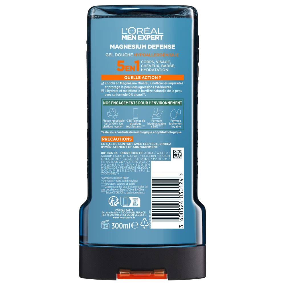 Lot de 6 - L'Oréal Paris Men Expert Magnesium Defense Gel Douche Crème Peau Sensible 0% Alcool Enrichie En Magnésium 300ml