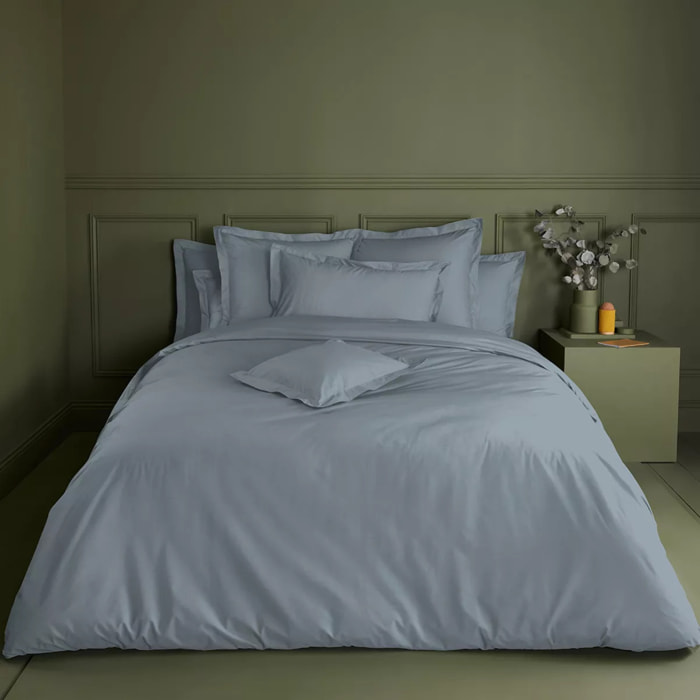 Housse de couette percale de coton uni bleu gris Giulia givre