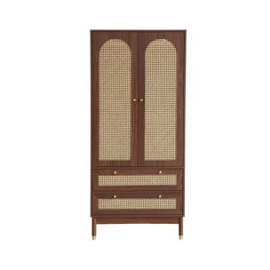 Dressing penderie décor bois et cannage 2 portes, 1 penderie et 2 tiroirs JUDITH