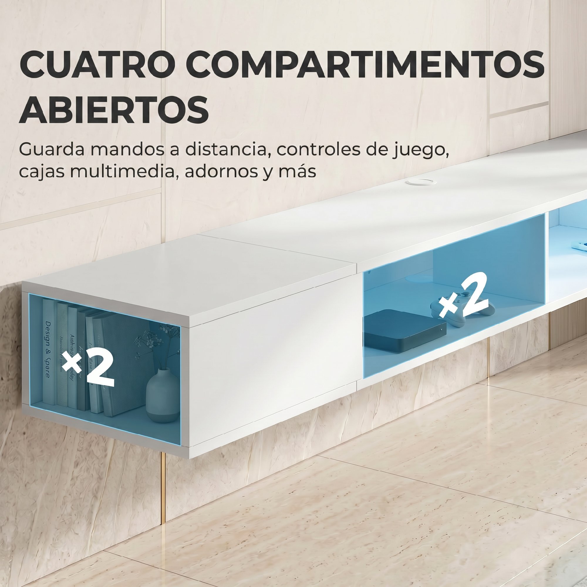 Mueble de TV Suspendido con Luces LED, Mueble de TV para Salón con Estantes Abiertos, Estilo Moderno, para Televisión 75 Pulgadas, 177,8x30x18 cm, Blanco
