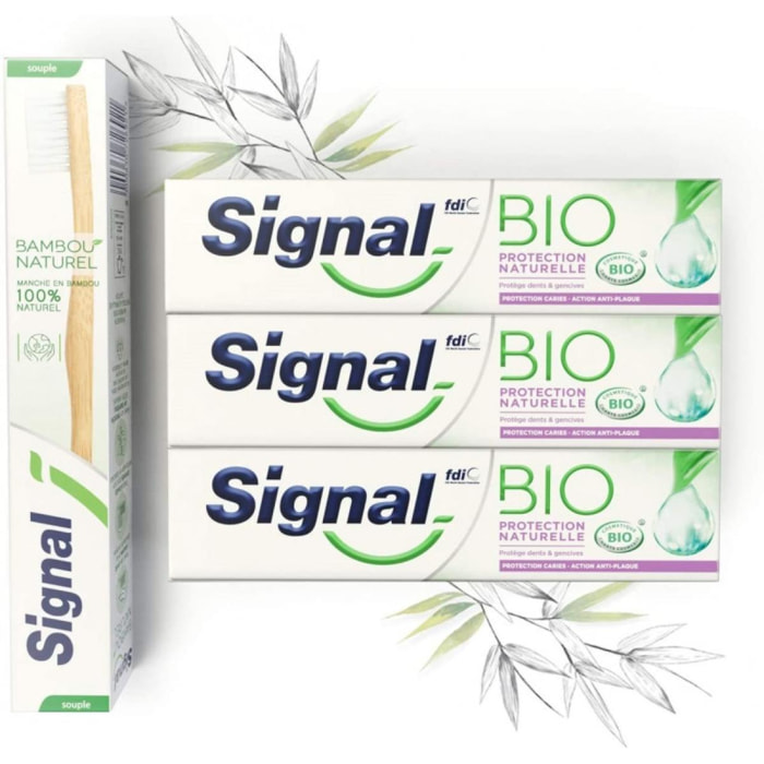Pack de 3 - Signal - Kit 3 Dentifrices Bio Protection Naturelle et 1 Brosse à Dents Manuelle Souple Bambou 100 % N