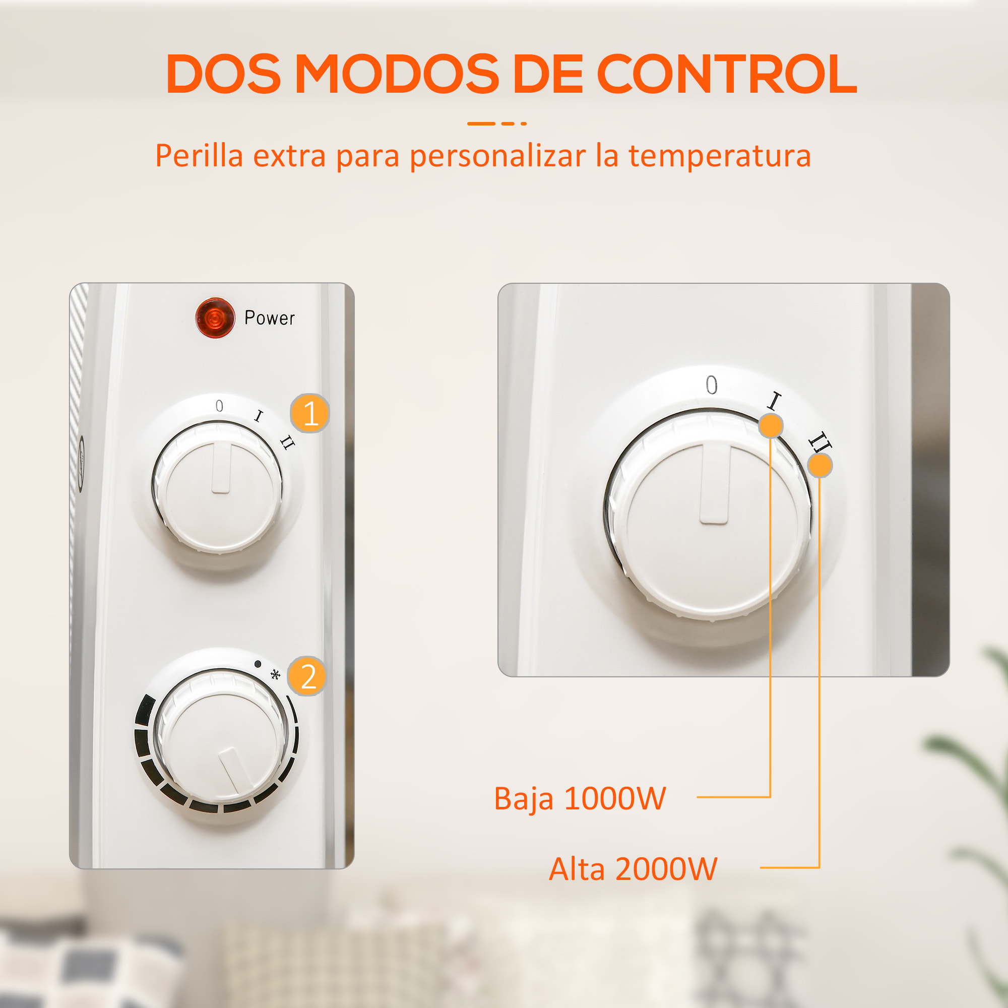 Calefactor Eléctrico 1000W/2000W Radiador de Mica con 4 Ruedas 79x27x54cm Blanco