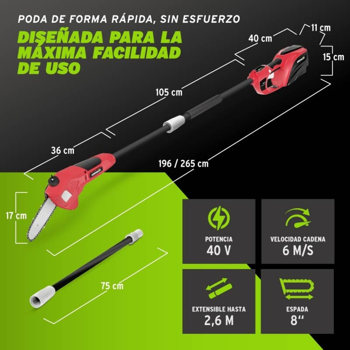 Podadora de altura de batería espada de 170mm capacidad de corte de hasta 150mm - Greencut PP400L