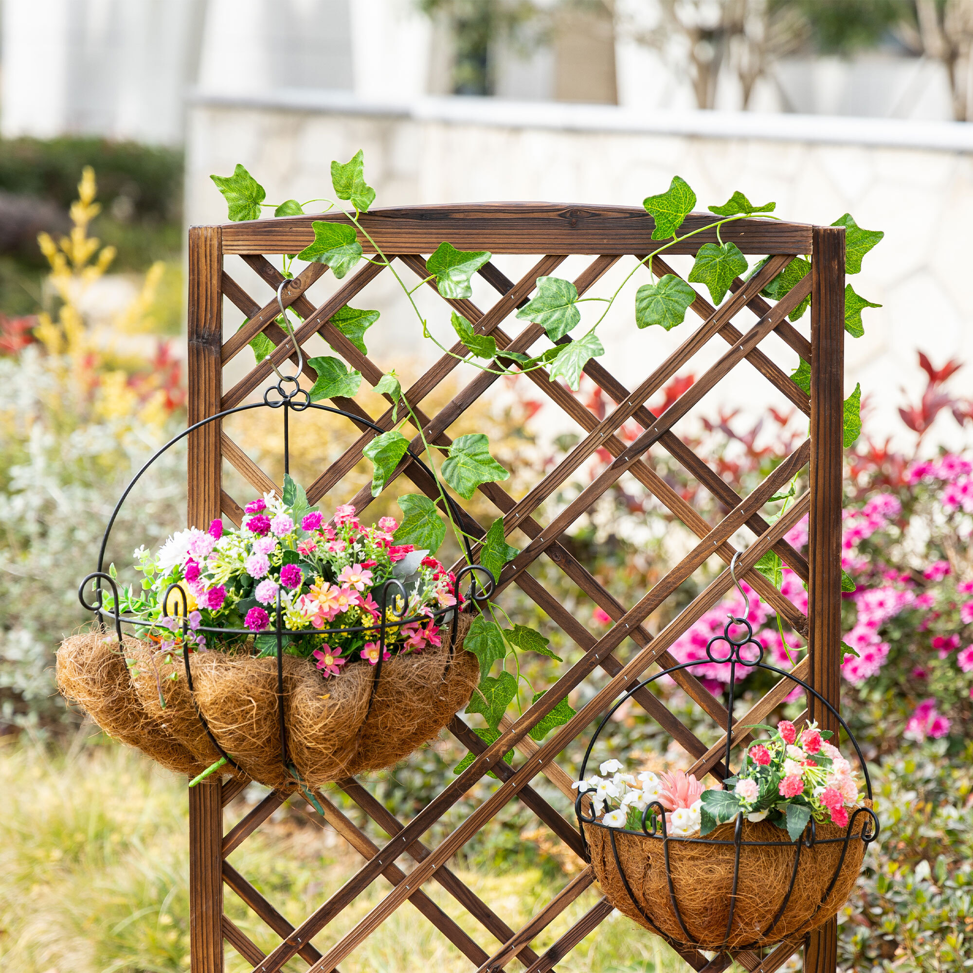 Jardinière avec treillis - bac à fleurs - jardinière sur pied - dim. 60L x 30l x 122H cm bois sapin traité carbonisation