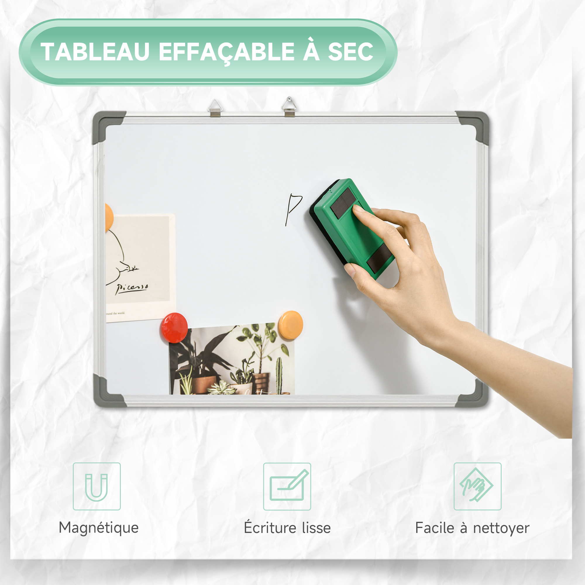 HOMCOM Tableau blanc aimante magnetique cadre aluminium 60x45cm