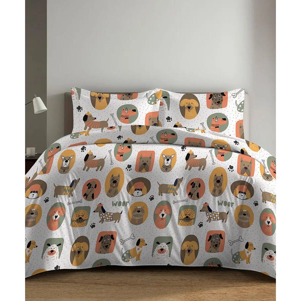 Parure Copripiumino Cani per letto singolo in 100% Cotone e Made in Italy, cagnolini divertenti