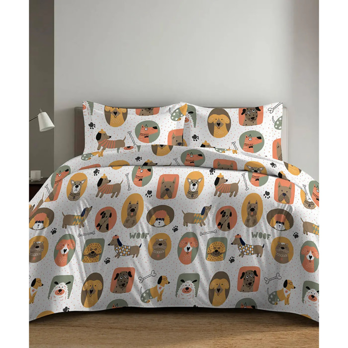 Parure Copripiumino Cani per letto singolo in 100% Cotone e Made in Italy, cagnolini divertenti