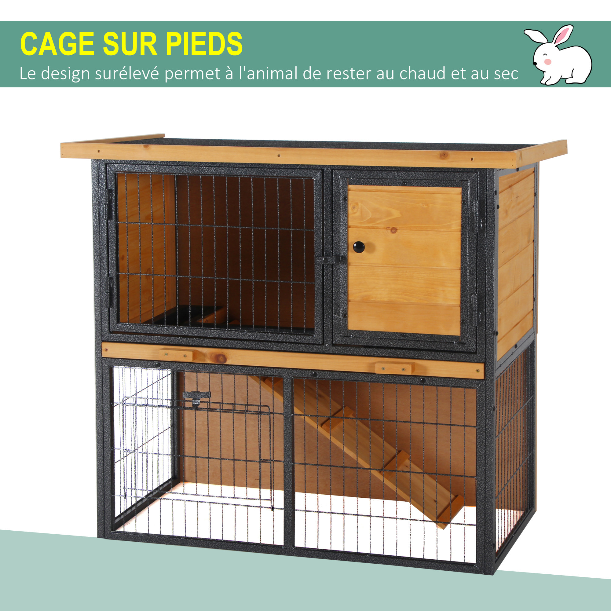 Clapier à lapin cage à lapin 2 niveaux 3 portes verrouillables rampe toit ouvrant bitûmé métal époxy pin pré-huilé