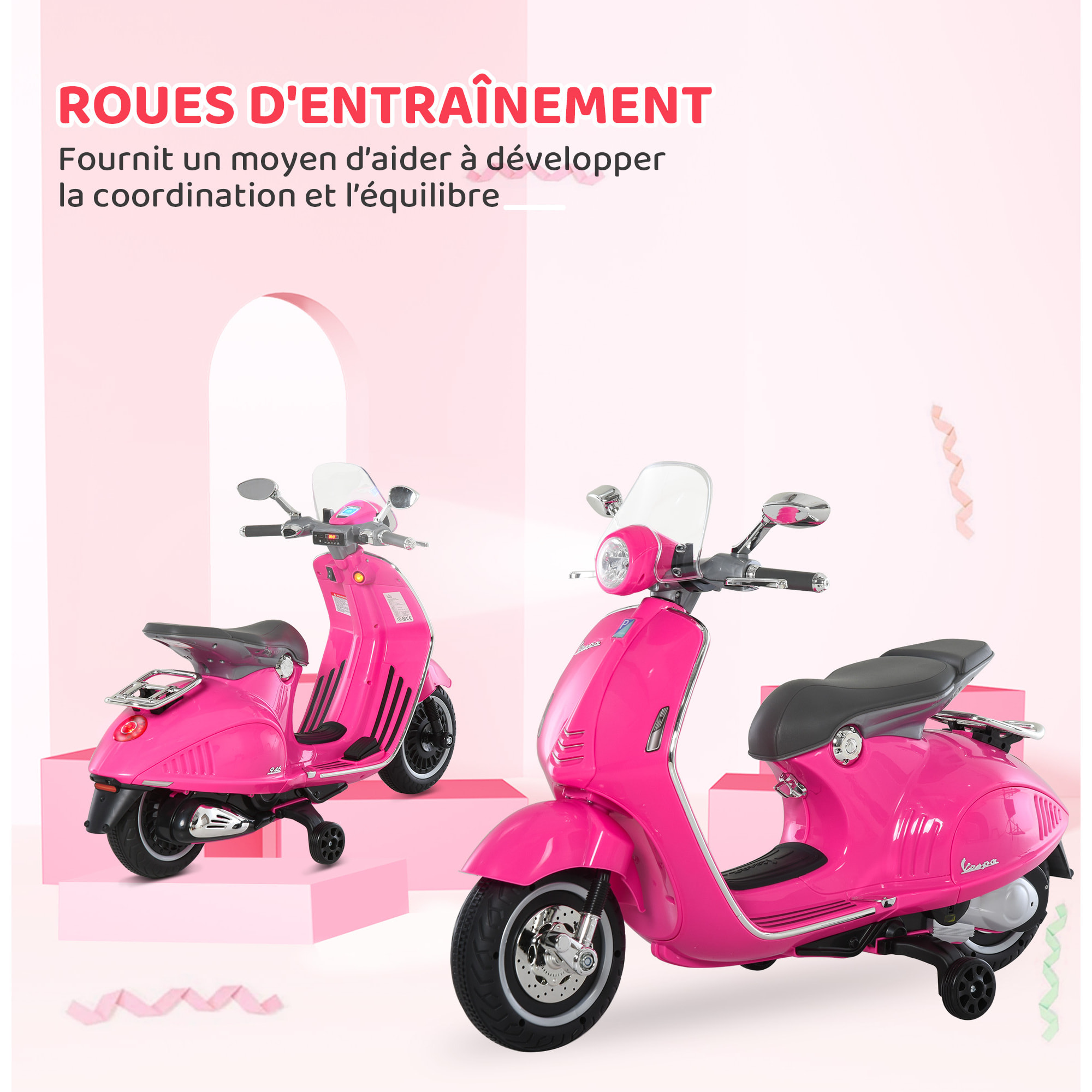 Scooter moto électrique enfant Vespa 6V 30W 2 roulettes auxiliaires effets sonores lumineux rose