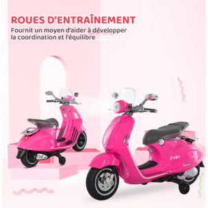 Scooter moto électrique enfant Vespa 6V 30W 2 roulettes auxiliaires effets sonores lumineux rose