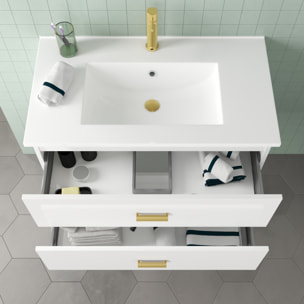 Meuble Salle de Bains 80 cm Laqué Blanc et Or Doré à Tiroirs avec Vasque Céramique et Miroir