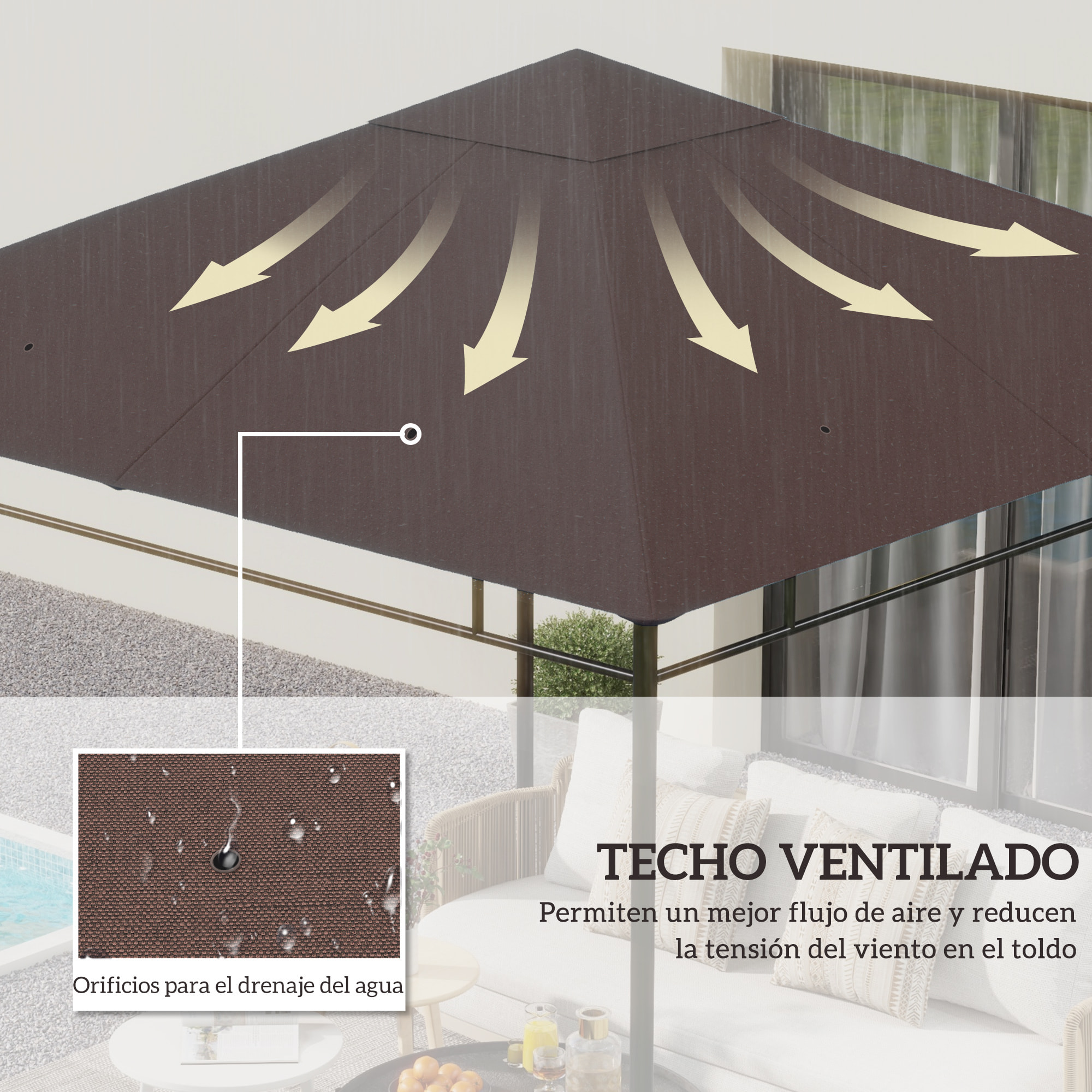 Outsunny Techo de Repuesto para Cenador, 3x3 m, Cubierta de Repuesto con 8 Orificios de Drenaje, Ventilación y Protección UV, SOLO Toldo de Recambio para Pabellón Gazebo, Café