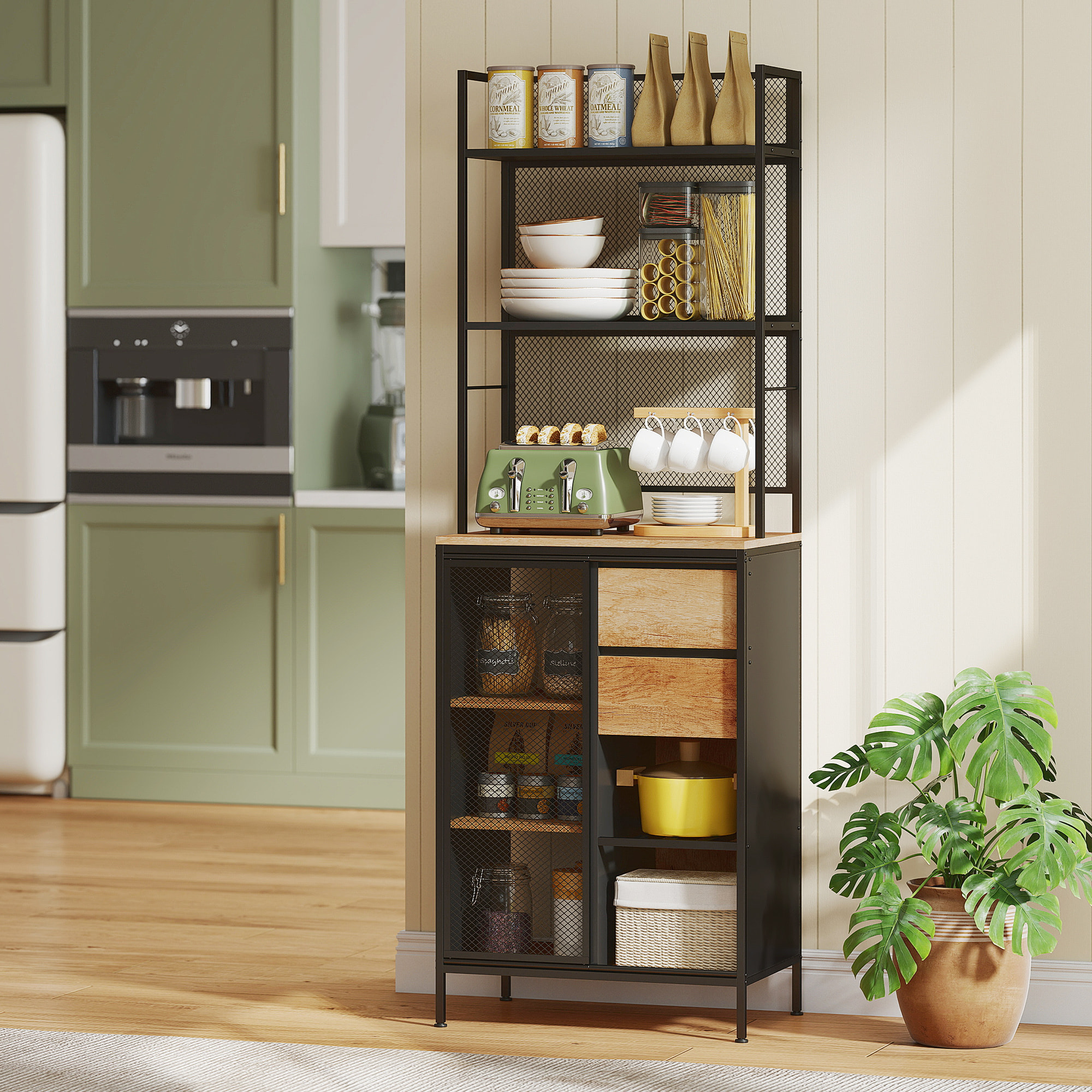 Buffet haut cuisine, armoire de cuisine avec plan de travail, porte coulissante en maille, tiroirs et étagères ouvertes, meuble de rangement industriel, 60x40x180cm, bois naturel et noir