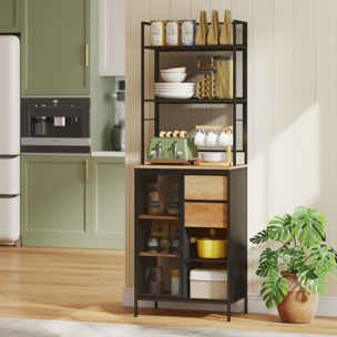 Buffet haut cuisine, armoire de cuisine avec plan de travail, porte coulissante en maille, tiroirs et étagères ouvertes, meuble de rangement industriel, 60x40x180cm, bois naturel et noir