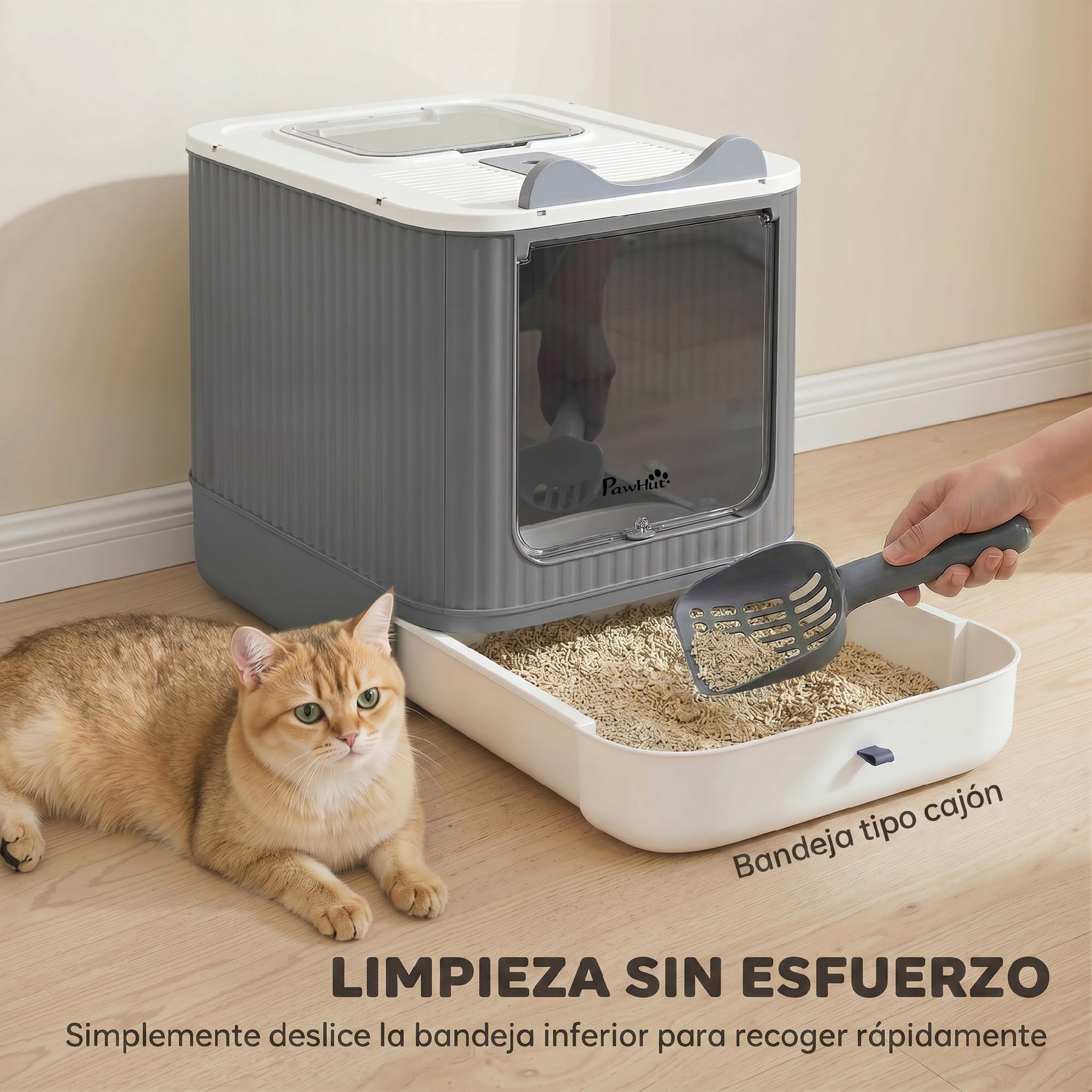 Arenero para Gatos Cubierto M, Caja de Arena para Gatos Medianos, Arenero con Tapa Abatible, Entrada Frontal, Salida Superior, Pala, Bolsas Desodorantes, Fácil de Limpiar, Antifugas, Blanco