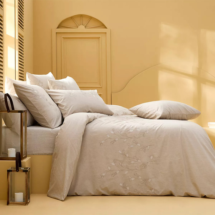 Housse de couette pur coton lavé tissé teint brodé beige Monnaie du pape naturel