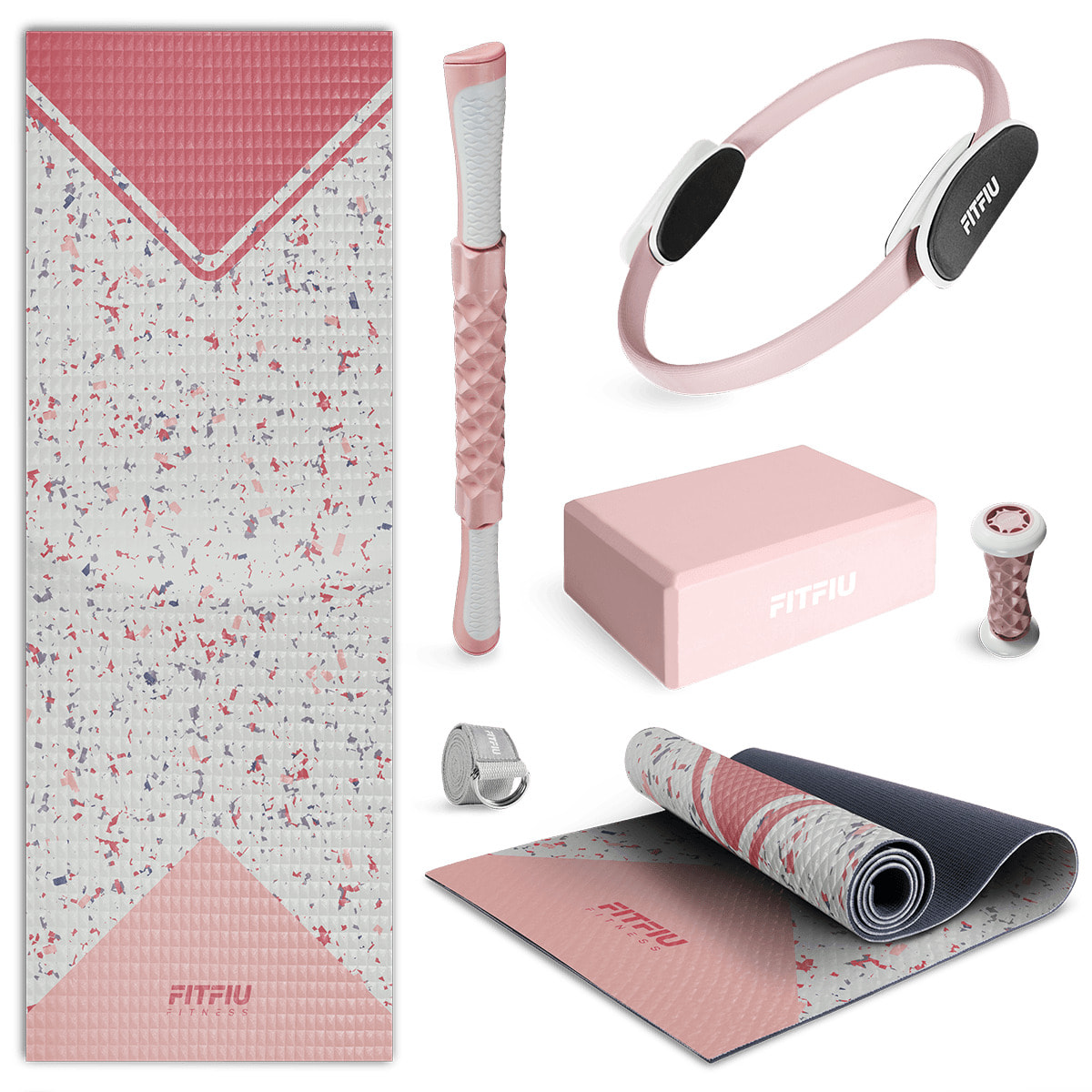 Pack accesorios yoga rosa FITFIU esterilla, aro, bloque, barra, correa