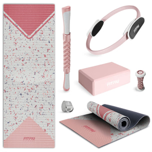 Pack accesorios yoga rosa FITFIU esterilla, aro, bloque, barra, correa