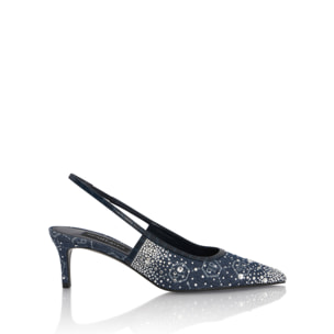PHILIPP PLEIN Denim Mid Heels Slingbacks Monogram Strass