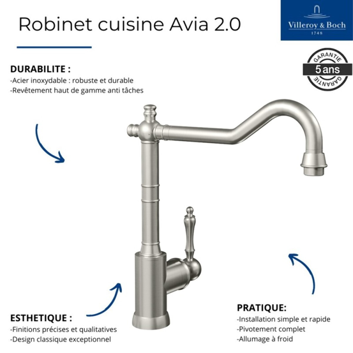 Robinet cuisine Avia 2.0 Acier massif + nettoyant