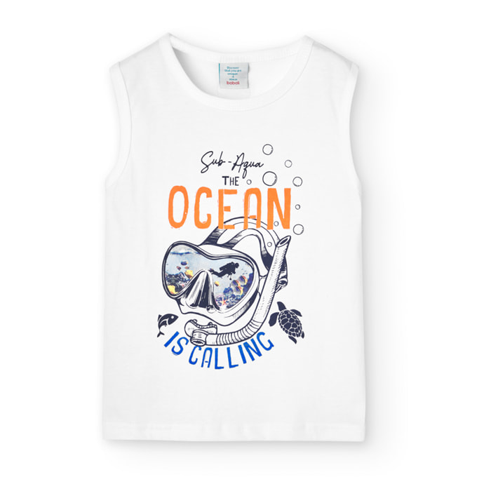 Camiseta niño, algodón estampada, tirantes, blanco, 838076