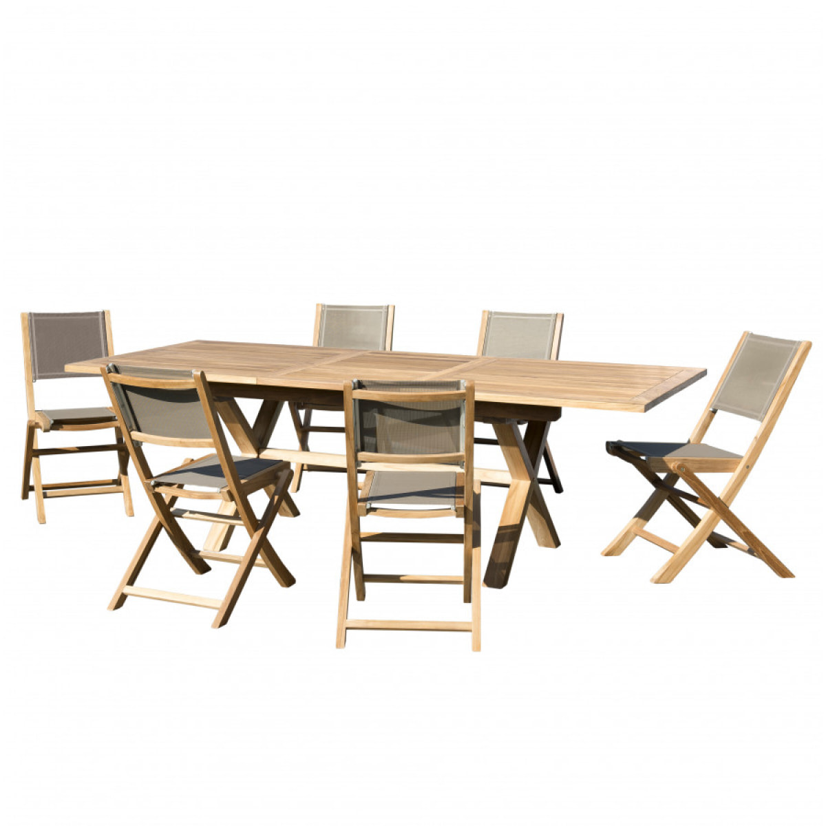 HARRIS - SALON DE JARDIN BOIS TECK 8/10 pers - 1 Table rect. extensible pieds croisés 180*240/100 cm - 6 chaises textilène taupe