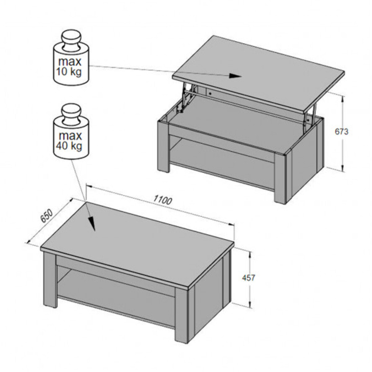 Table basse avec plateau relevable en bois effet vieilli - FRED