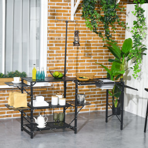 Mesa de Cocina de Camping de 3 Niveles Mesa de Camping Plegable Portátil con Estantes de Almacenaje Fregadero Soporte para Lámpara y Bolsa de Transporte para Exterior 173x52x80-174 cm Negro