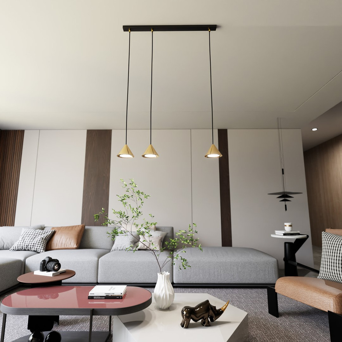 Lampada a sospensione ELIT con tre diffusori conici in oro