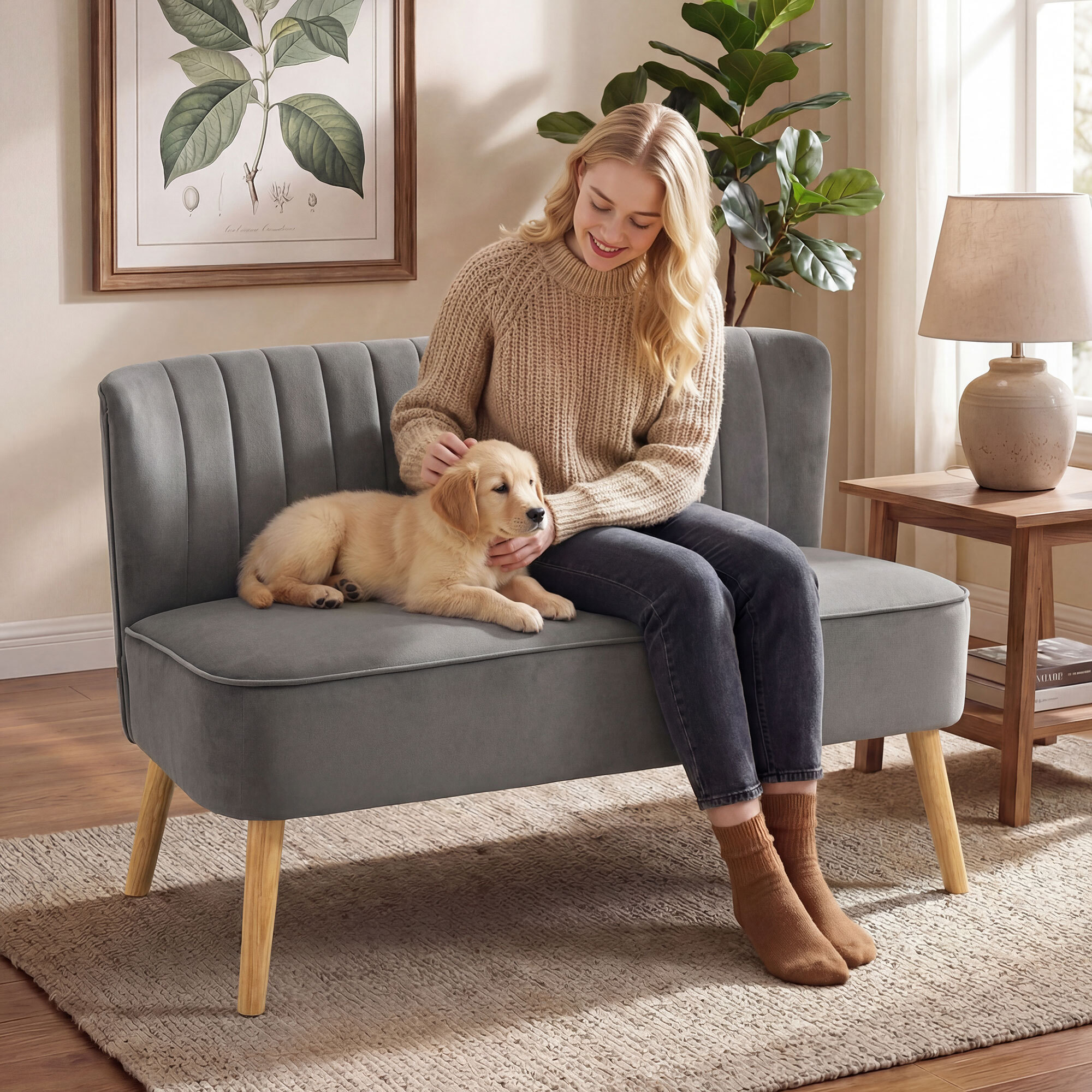 Sofá de 2 Plazas Tapizado en Terciopelo, Sofá Moderno con Asiento y Respaldo Acolchados, Patas de Madera de Caucho, Carga 220 kg para Dormitorio, Salón, Espacios Pequeños, Gris Oscuro