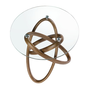 Mesa rincón Angel Cerdá redonda con tapa de cristal templado y patas de madera en nogal 55x55x50cm