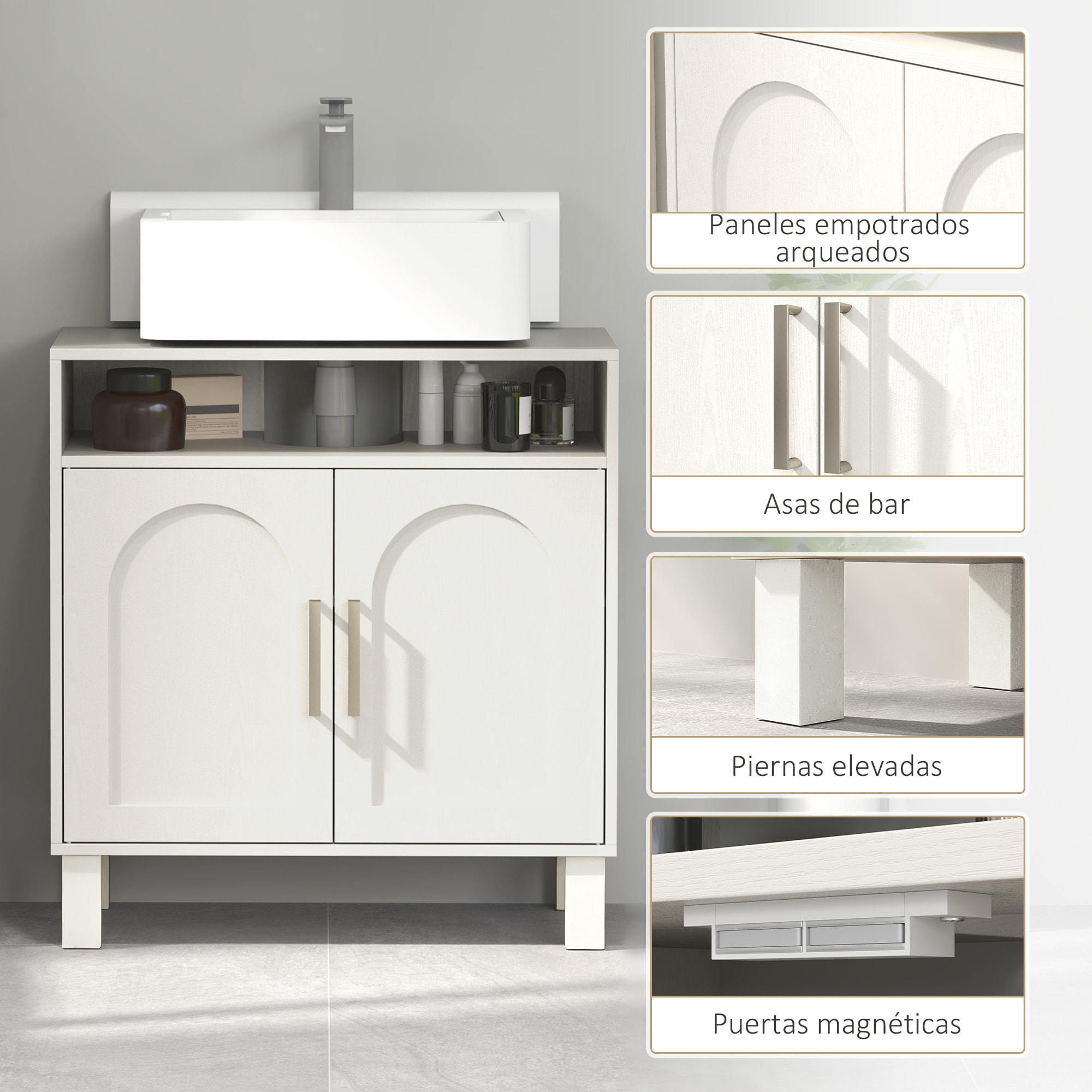 Mueble Bajo Lavabo, Mueble de Baño con Estante Ajustable para Lavabos sin Pedestal, 60x30x63 cm, Blanco Crema
