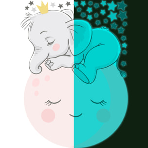 Sticker phosphorescent lumineux - ENFANT BÉBÉ ÉLÉPHANT SUR LA LUNE ET 30 ÉTOILES