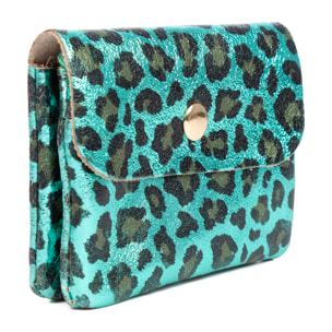 Alpignano portafoglio donna. Pelle autentica Scamosciata, design a stampa animale leopardo, laccato lucido.