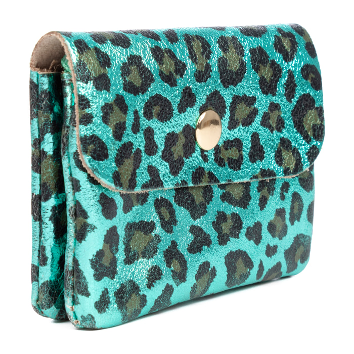 Alpignano portafoglio donna. Pelle autentica Scamosciata, design a stampa animale leopardo, laccato lucido.