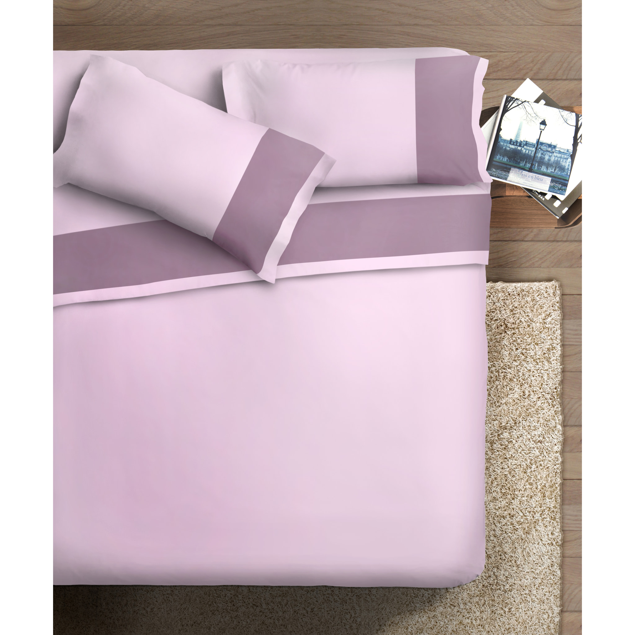 Completo letto bordo RASO IPERSAN Puro Cotone Malva fondo Rosa
