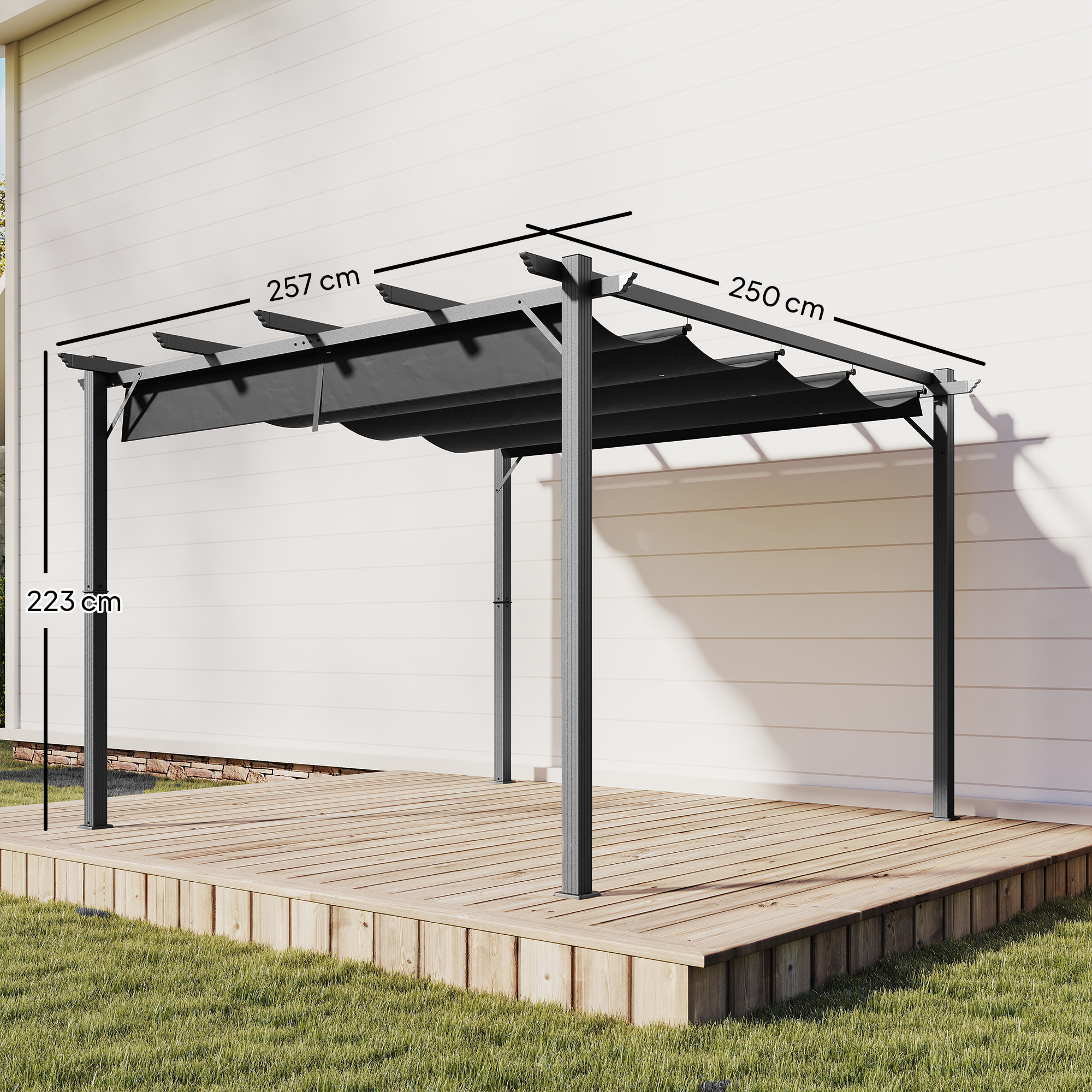 Pérgola de Jardín 3x3 m con Techo Retráctil, Cenador de Jardín con Protección UPF30+, Orificios de Drenaje, Estructura de Aluminio, Pabellón para Patio, Terraza, Exterior, Gris Oscuro