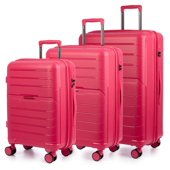 Set di 3 valigie Trolley espandibili, in materiale leggero PP resistente agli urti. Serratura TSA a combinazione, 4 ruote doppie girevoli a 360°.