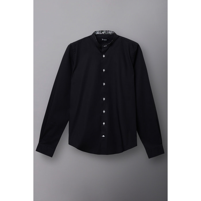 Camicia Uomo Coreano Slim Popeline Stretch Unito Nero
