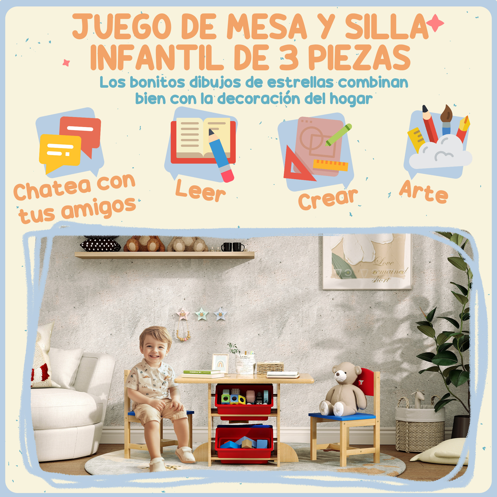 Mesa y Sillas Infantiles de 3 Piezas Mesa Infantil con 2 Sillas y 4 Cestas de Almacenamiento Juego de Muebles para Actividades para Niños de +3 Años para Sala de Juegos Natural