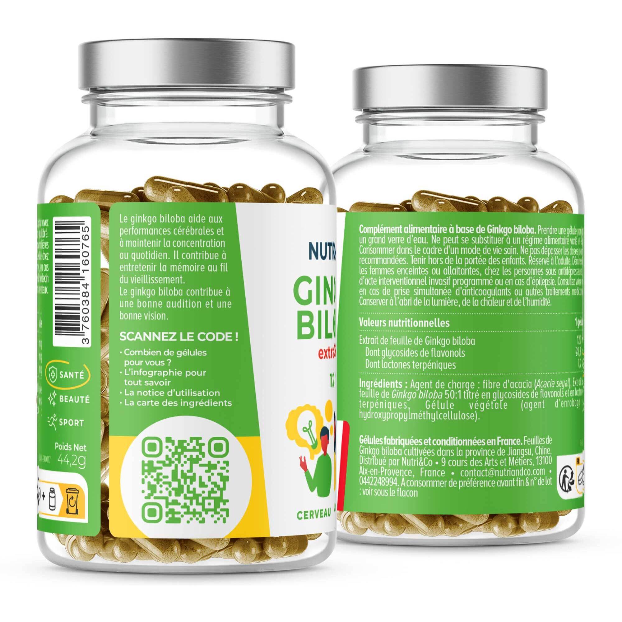 Nutri&Co Ginkgo Biloba Qualité Supérieure Extrait 50:1 - 120 gélules Vegan