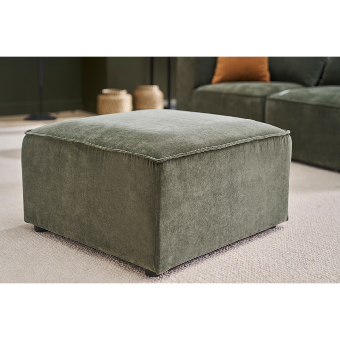 Pouf repose pieds en tissu effet velours vert kaki KERRY