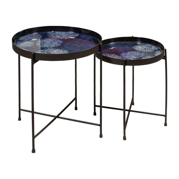 SET 2 TABLES GIGOGNES EN MÉTAL PLATEAU ÉMAILLÉ BLEU H35 ET H40CM GELA