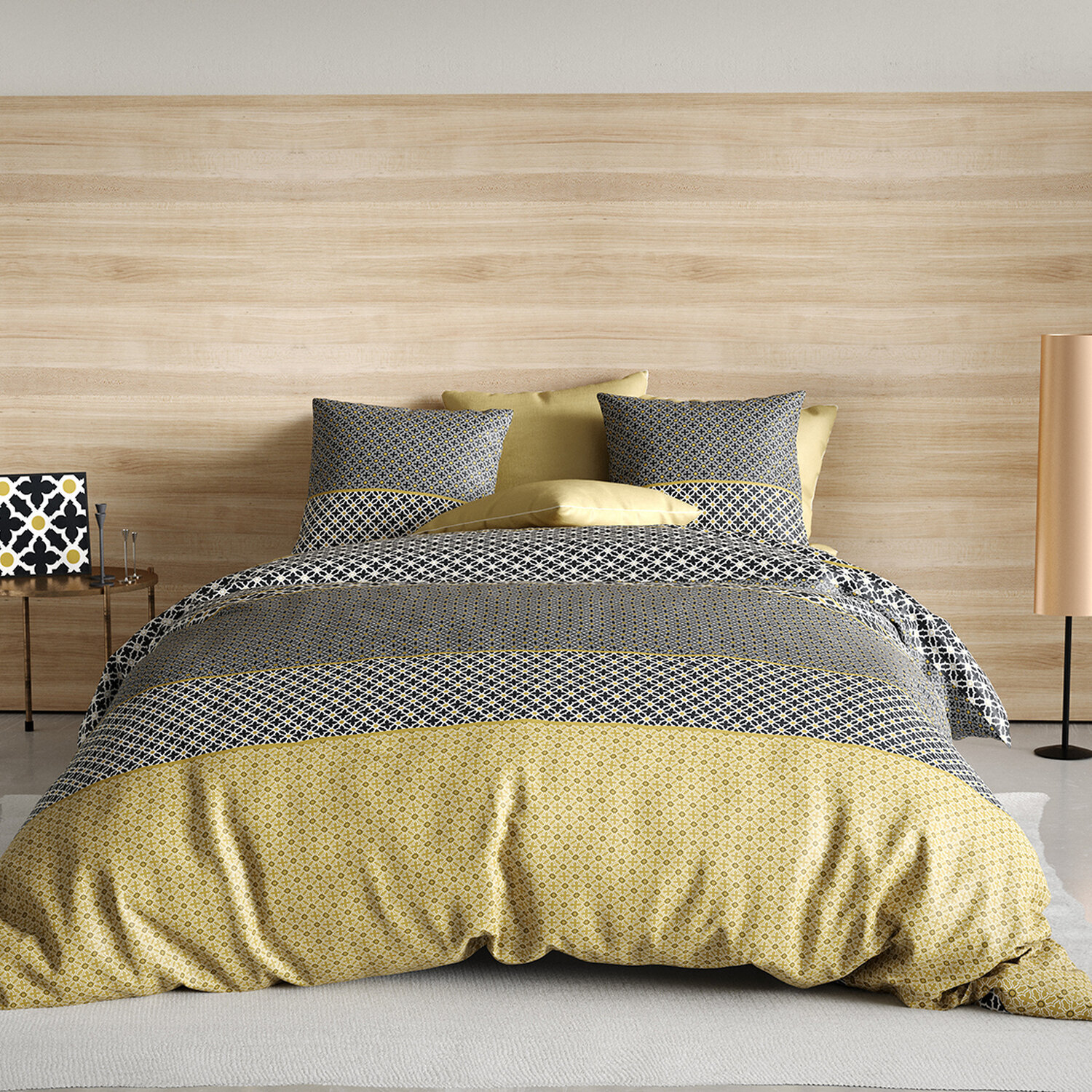 Parure housse de couette 3pcs avec taies oreiller 100% coton 57fils beho