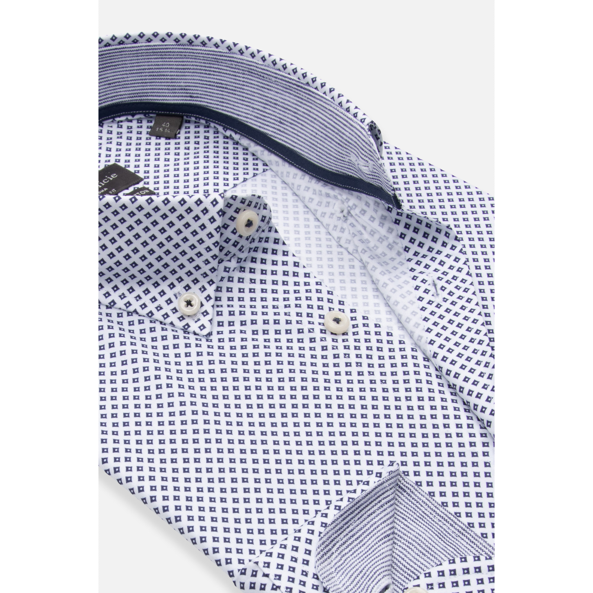 camicia uomo 1 bottone button down slim Popeline Stretch Stampato Bianco e Blu